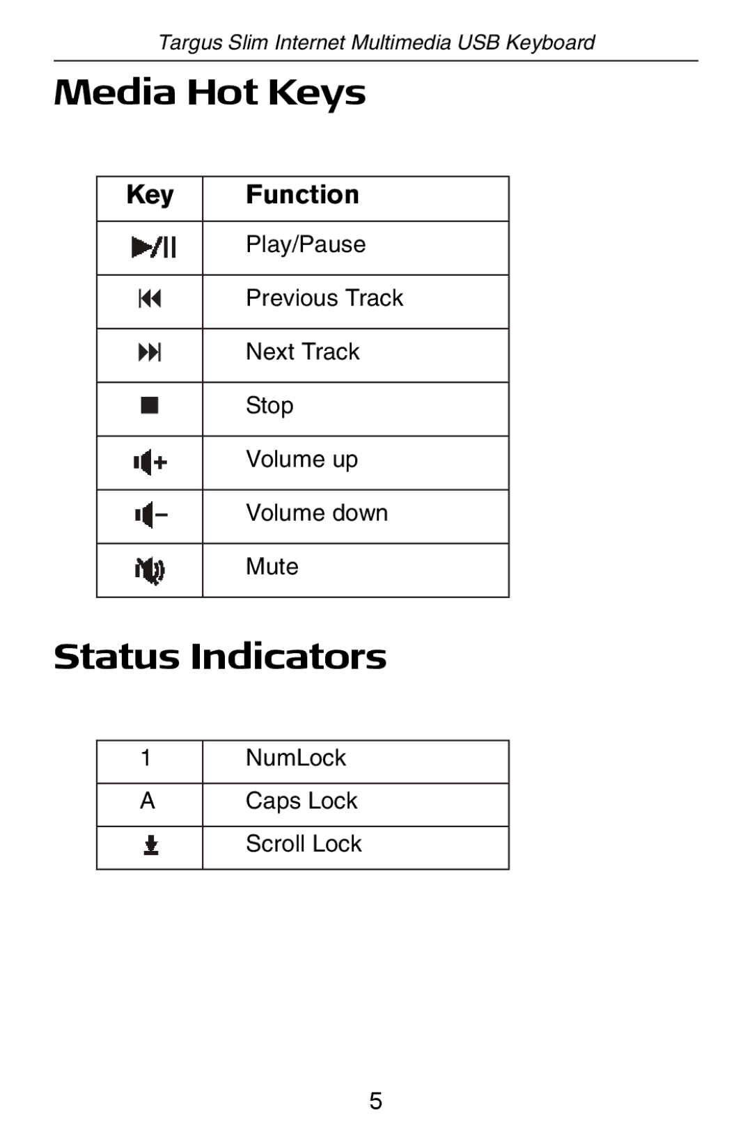 Targus slim internet multimedia USB keyboard specifications Media Hot Keys, Status Indicators 