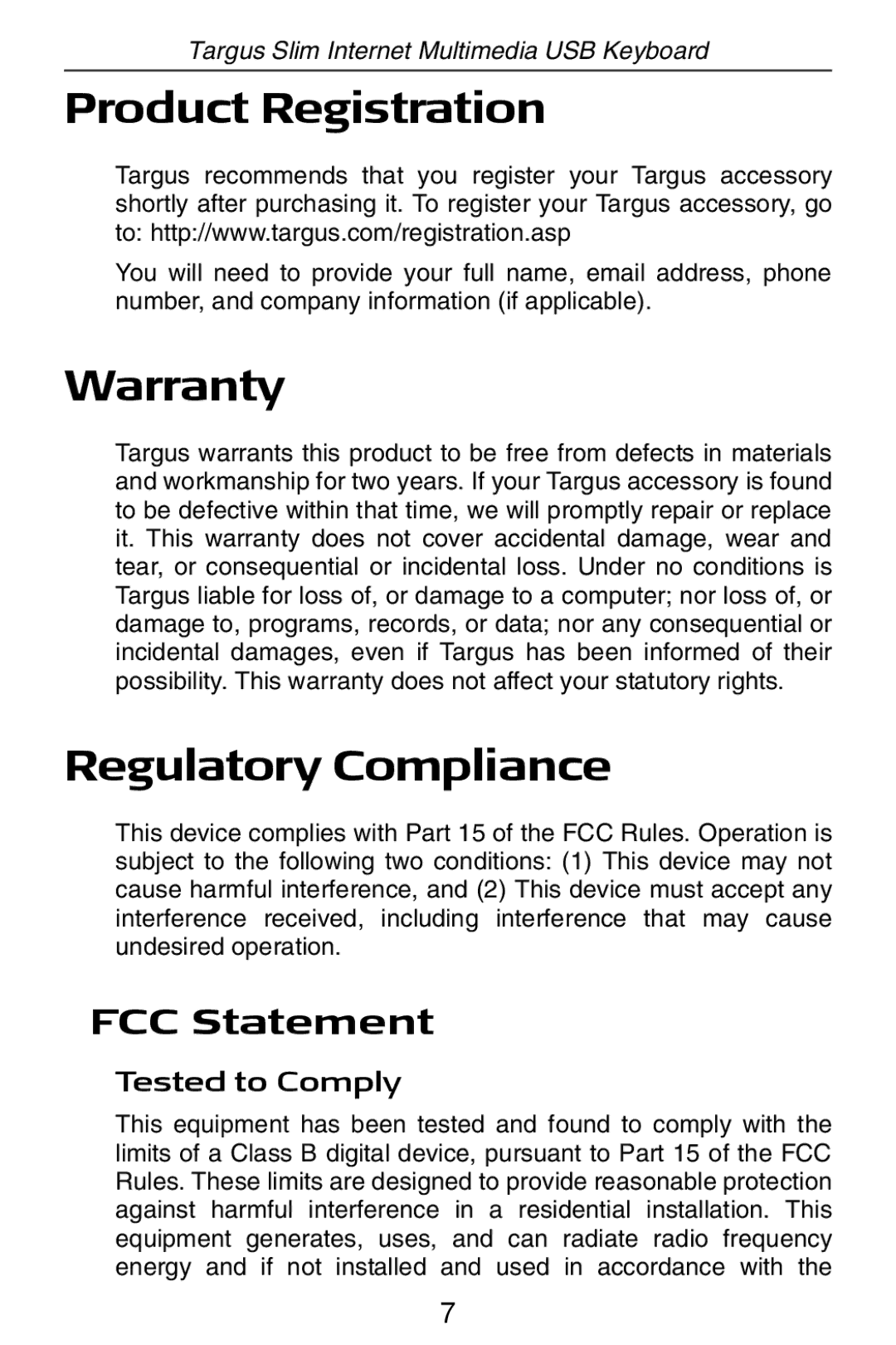 Targus slim internet multimedia USB keyboard Product Registration, Warranty, Regulatory Compliance, FCC Statement 