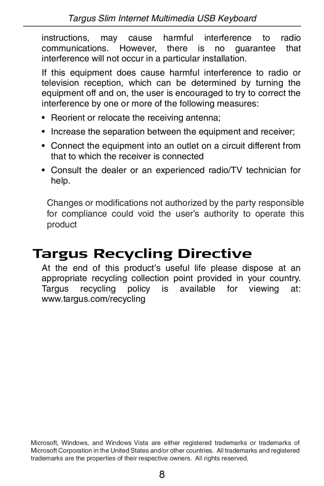 Targus slim internet multimedia USB keyboard specifications Targus Recycling Directive 