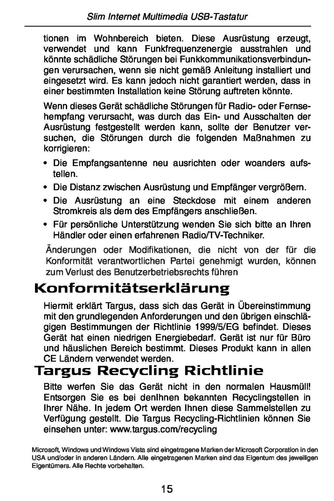 Targus slim internet multimedia USB keyboard specifications Konformitätserklärung, Targus Recycling Richtlinie 
