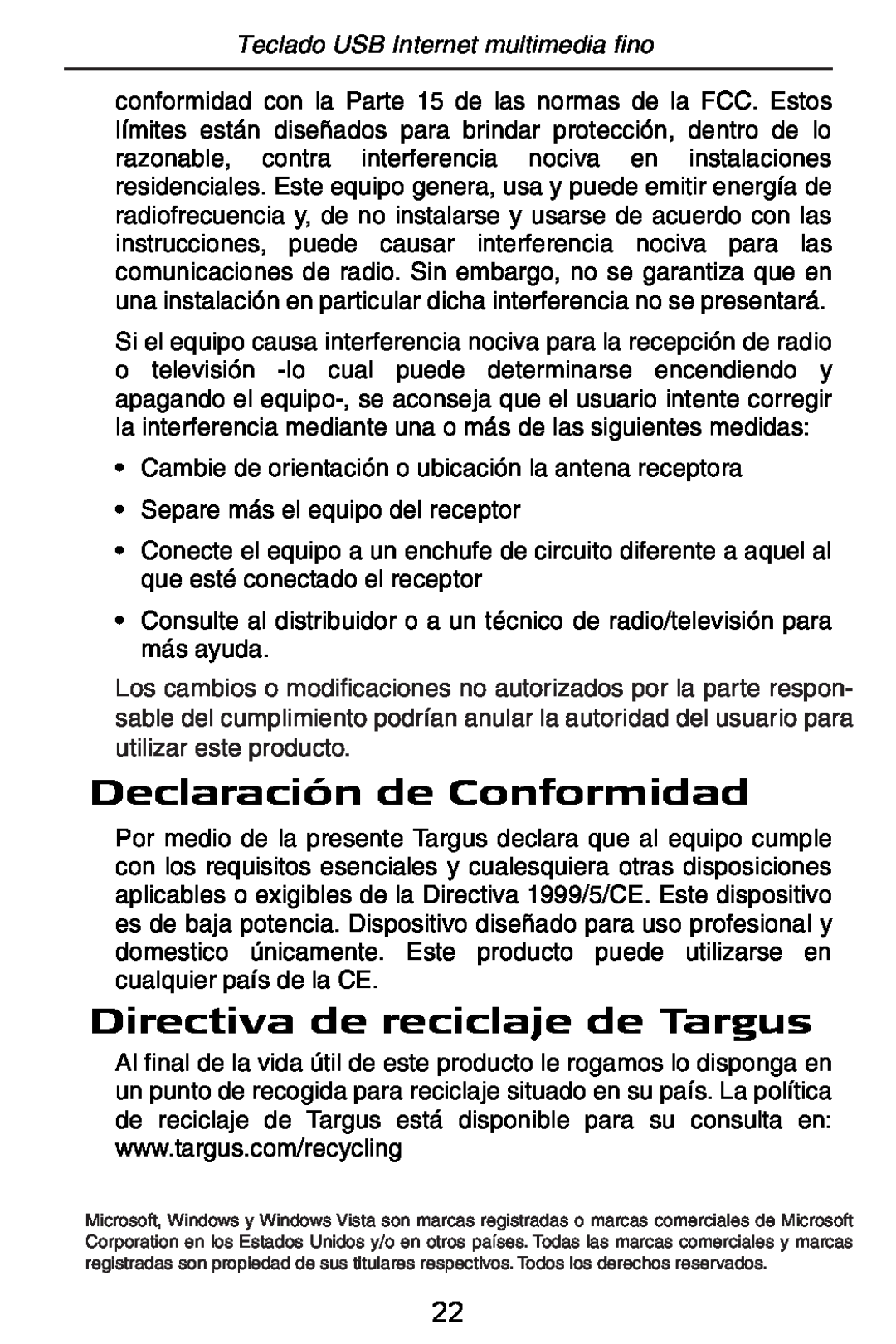 Targus slim internet multimedia USB keyboard specifications Declaración de Conformidad, Directiva de reciclaje de Targus 