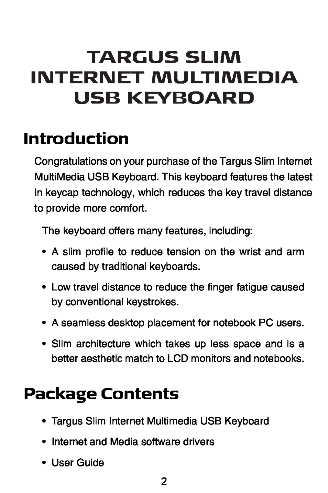 Targus slim internet multimedia USB keyboard Introduction, Package Contents, Targus Slim Internet Multimedia Usb Keyboard 
