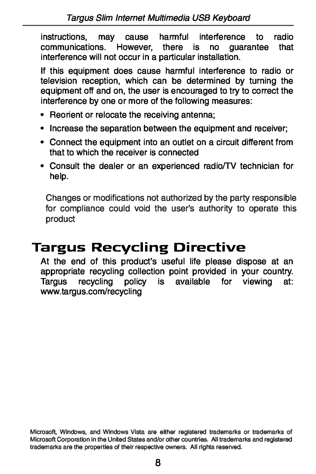 Targus slim internet multimedia USB keyboard Targus Recycling Directive, Targus Slim Internet Multimedia USB Keyboard 