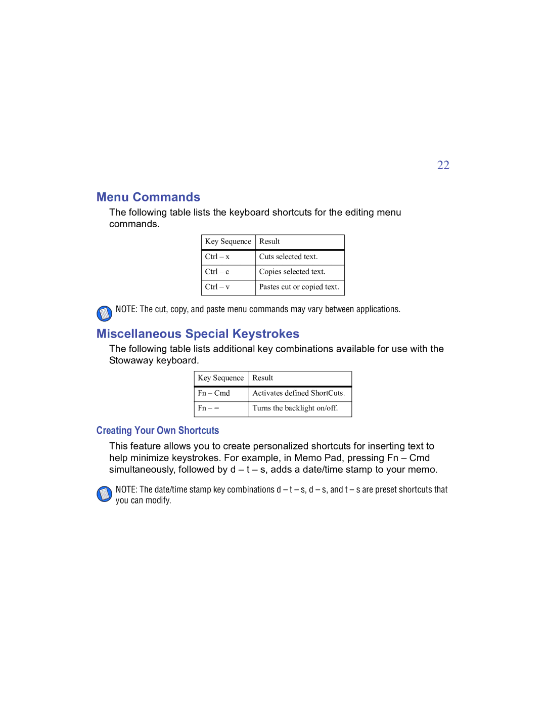 Targus Stowaway manual Menu Commands, Miscellaneous Special Keystrokes, Creating Your Own Shortcuts 