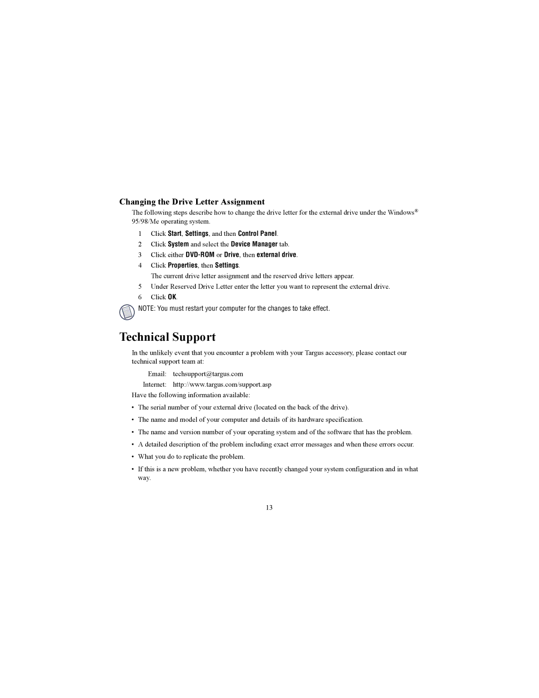 Targus Targus specifications Technical Support, Changing the Drive Letter Assignment 