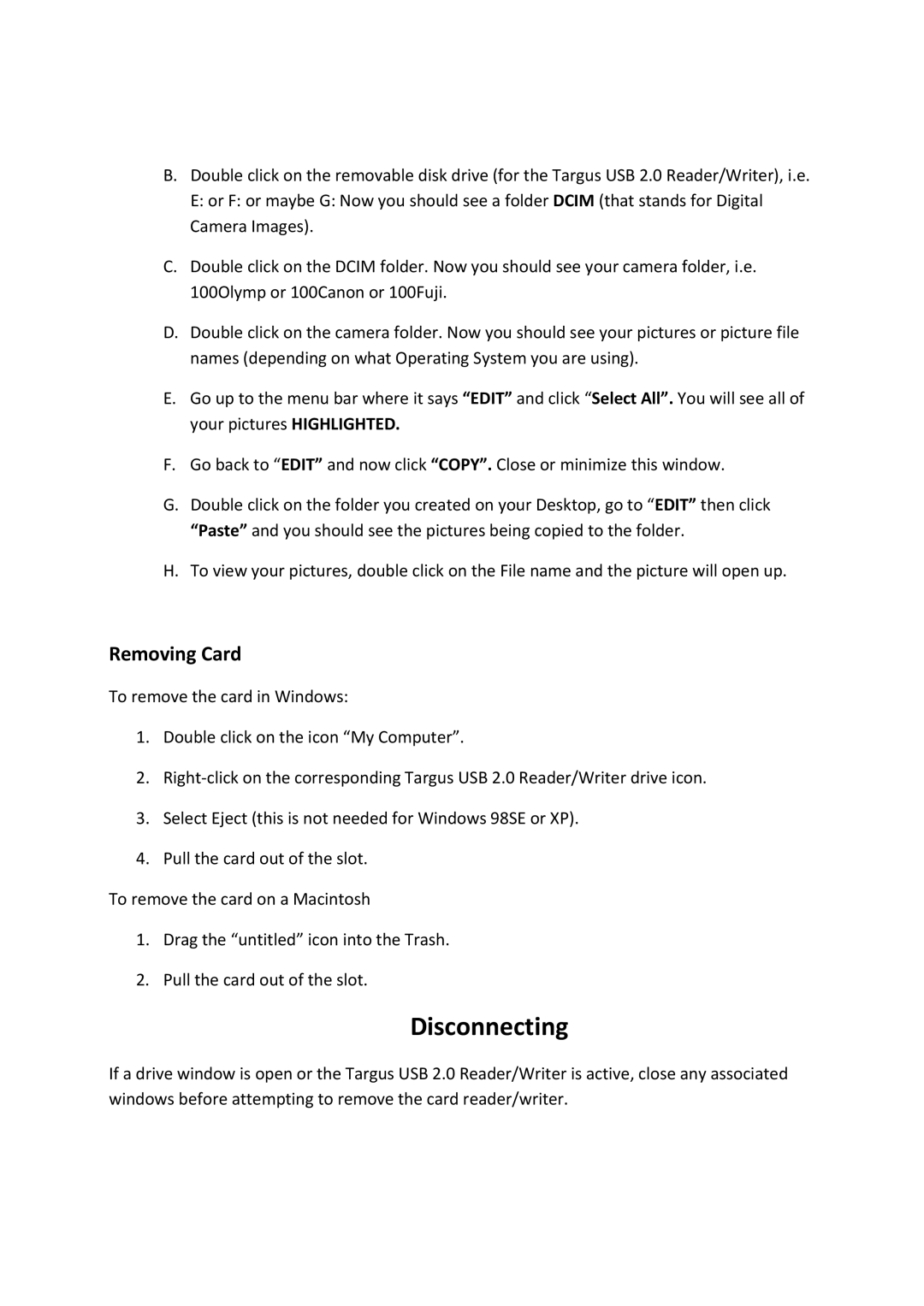 Targus TGRMS20 manual Disconnecting, Removing Card 