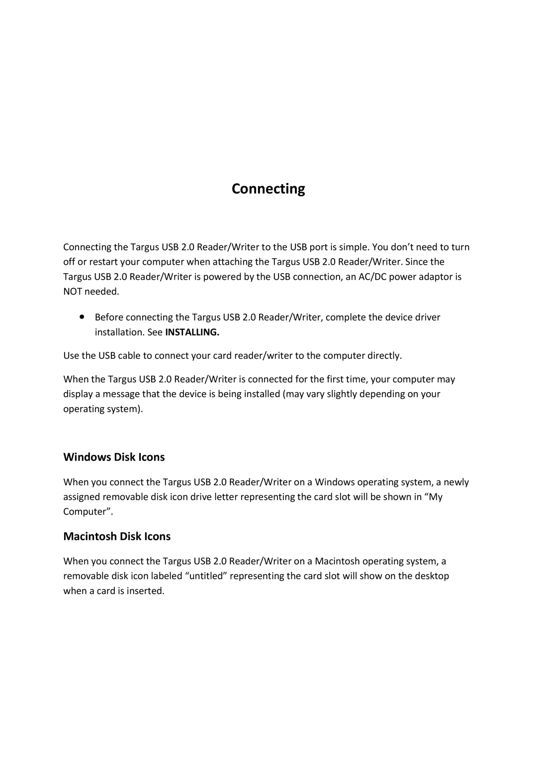 Targus TGRSD20 manual Connecting, Windows Disk Icons, Macintosh Disk Icons 