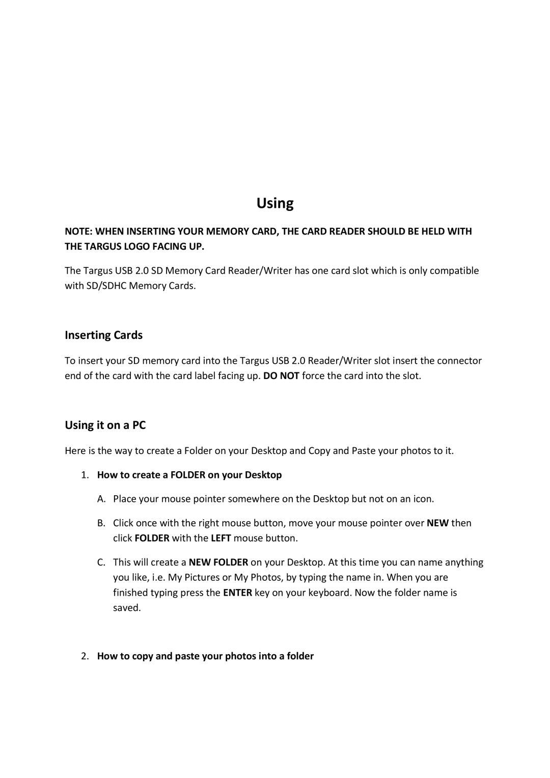 Targus TGRSD20 manual Inserting Cards, Using it on a PC, How to create a Folder on your Desktop 