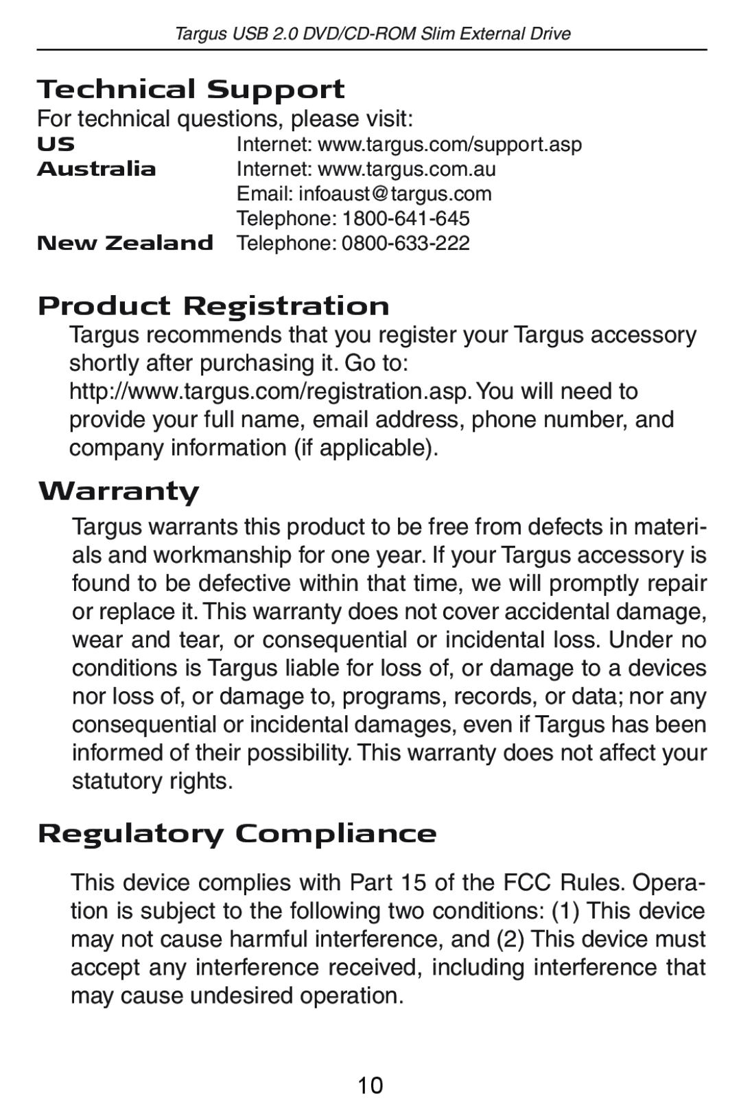 Targus USB 2.0 DVD/CD-ROM Slim External Drive Technical Support, Product Registration, Warranty, Regulatory Compliance 