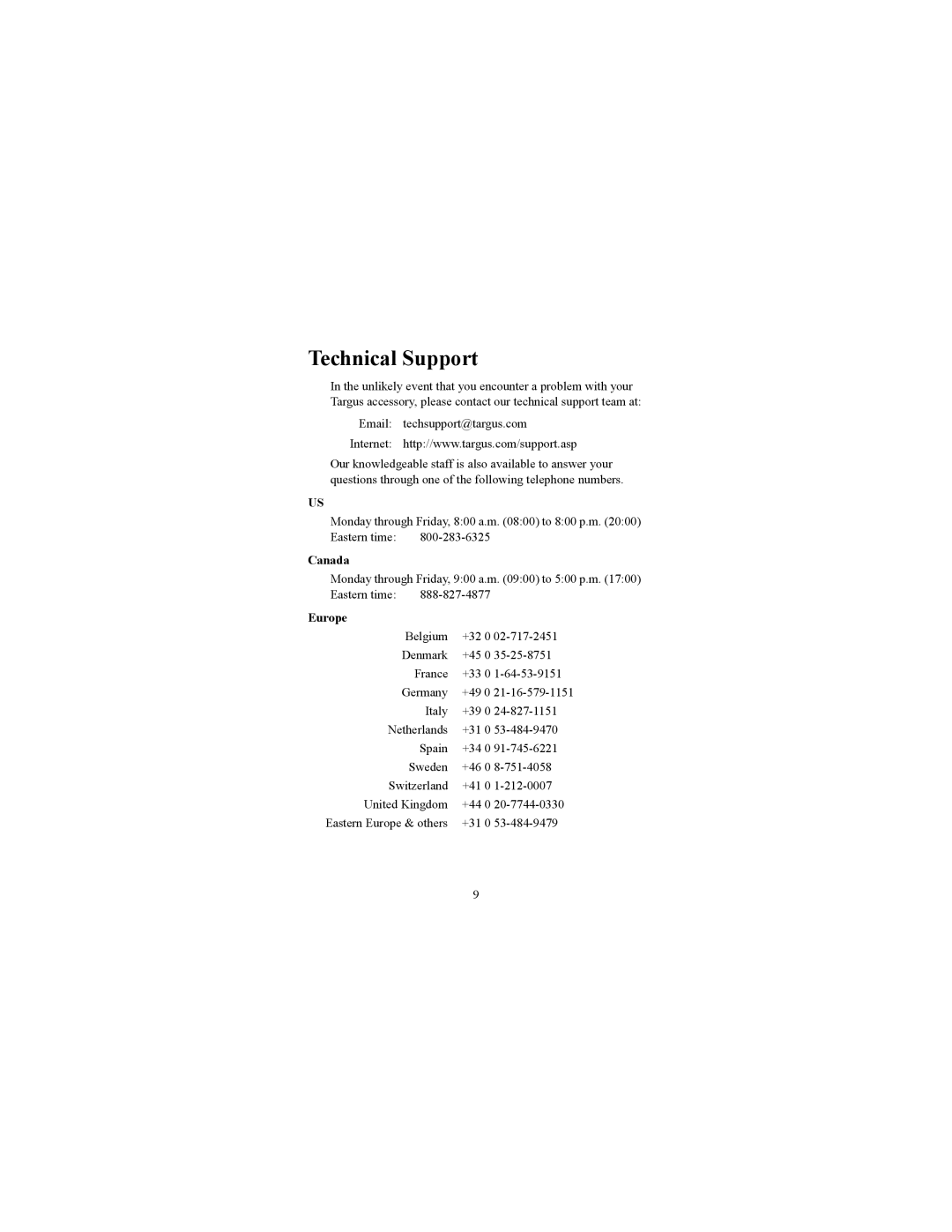 Targus USB-2.0 Mobile specifications Technical Support, Canada 