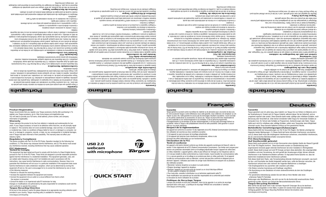 Targus USB 2.0 WebCam Conformidade em Testado FCC Declaração, Product Registration, Warranty, Regulatory Compliance 