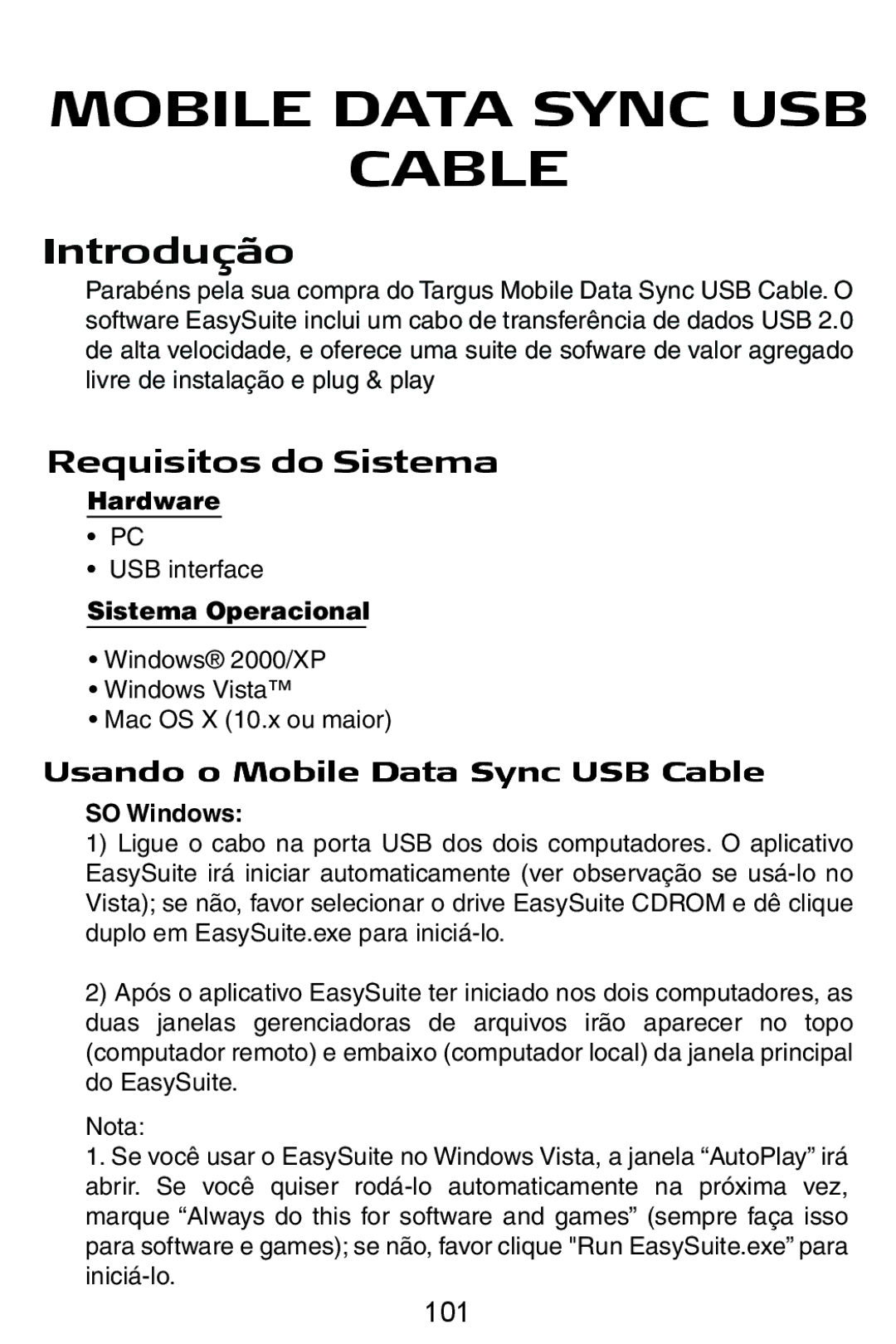 Targus manual Introdução, Requisitos do Sistema, Usando o Mobile Data Sync USB Cable, 101 