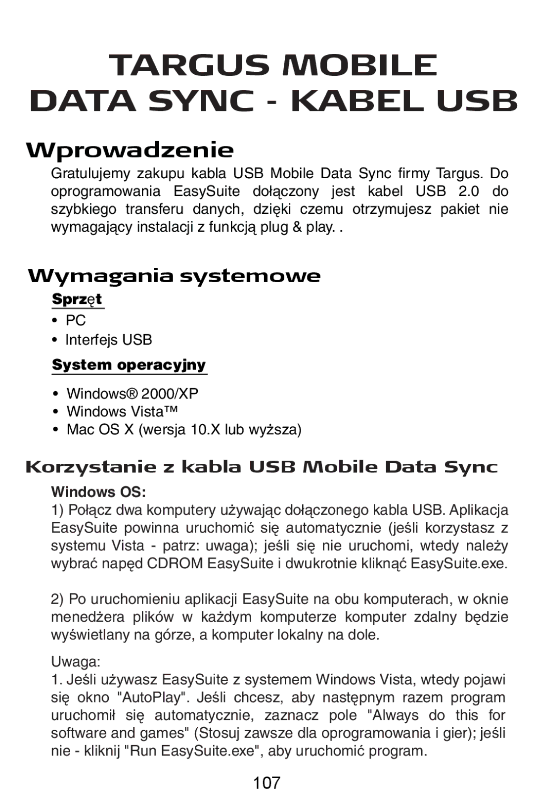 Targus USB Cable manual Targus Mobile Data Sync Kabel USB, Wprowadzenie, Wymagania systemowe, 107 