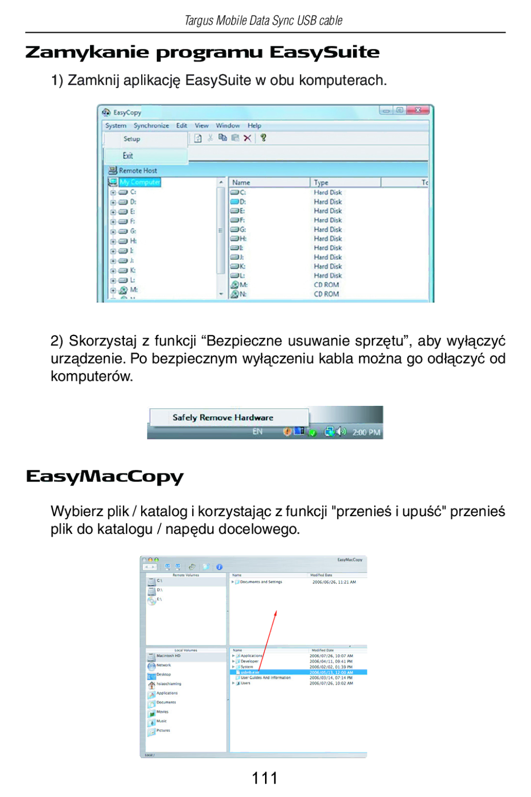 Targus USB Cable manual Zamykanie programu EasySuite, 111 