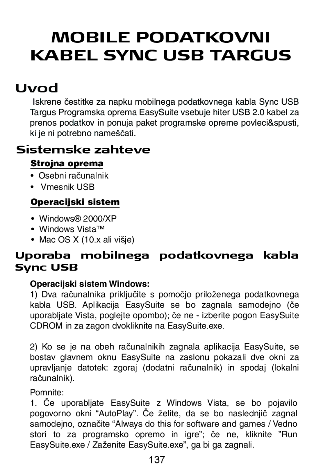 Targus USB Cable manual Sistemske zahteve, Uporaba mobilnega podatkovnega kabla Sync USB, 137 