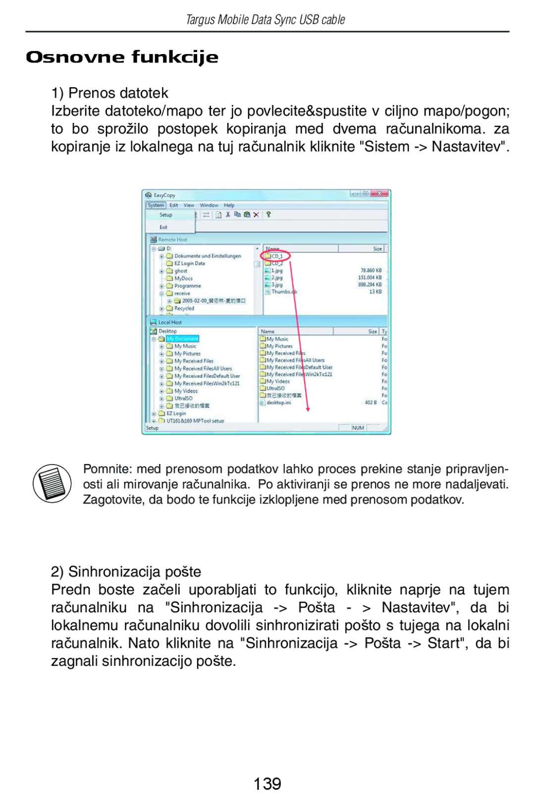 Targus USB Cable manual 139, Prenos datotek 