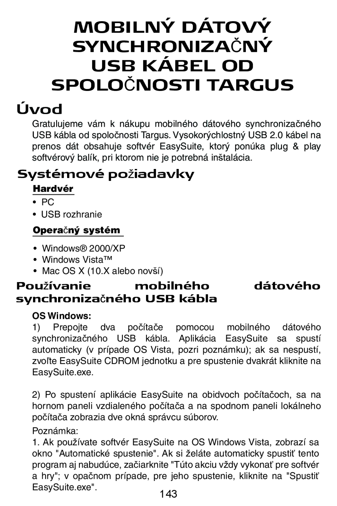 Targus USB Cable manual Systémové poåiadavky, Pouåívanie mobilného dátového synchronizaþného USB kábla, 143, Hardvér 