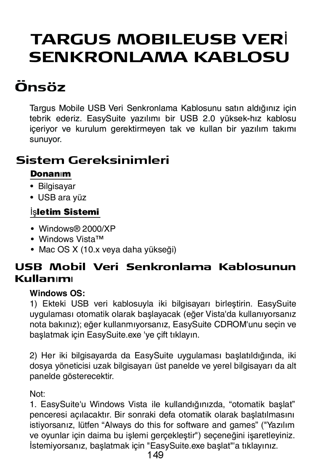 Targus USB Cable manual Önsöz, Sistem Gereksinimleri, USB Mobil Veri Senkronlama Kablosunun KullanÕmÕ, 149 