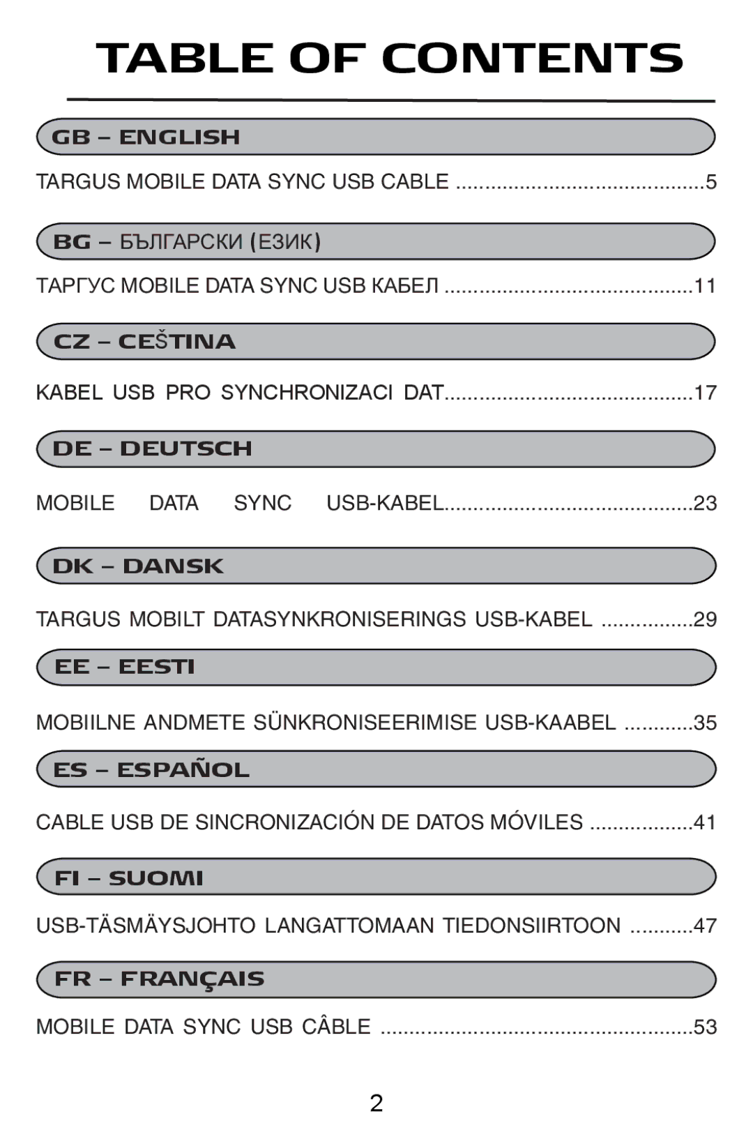 Targus USB Cable manual Table of Contents 