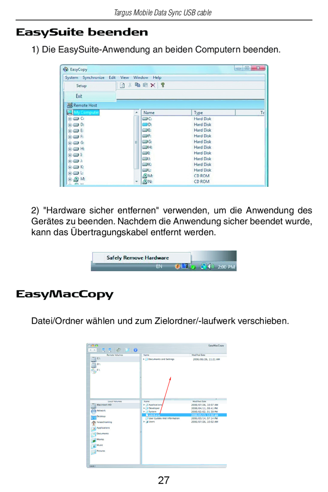 Targus USB Cable manual EasySuite beenden, EasyMacCopy 