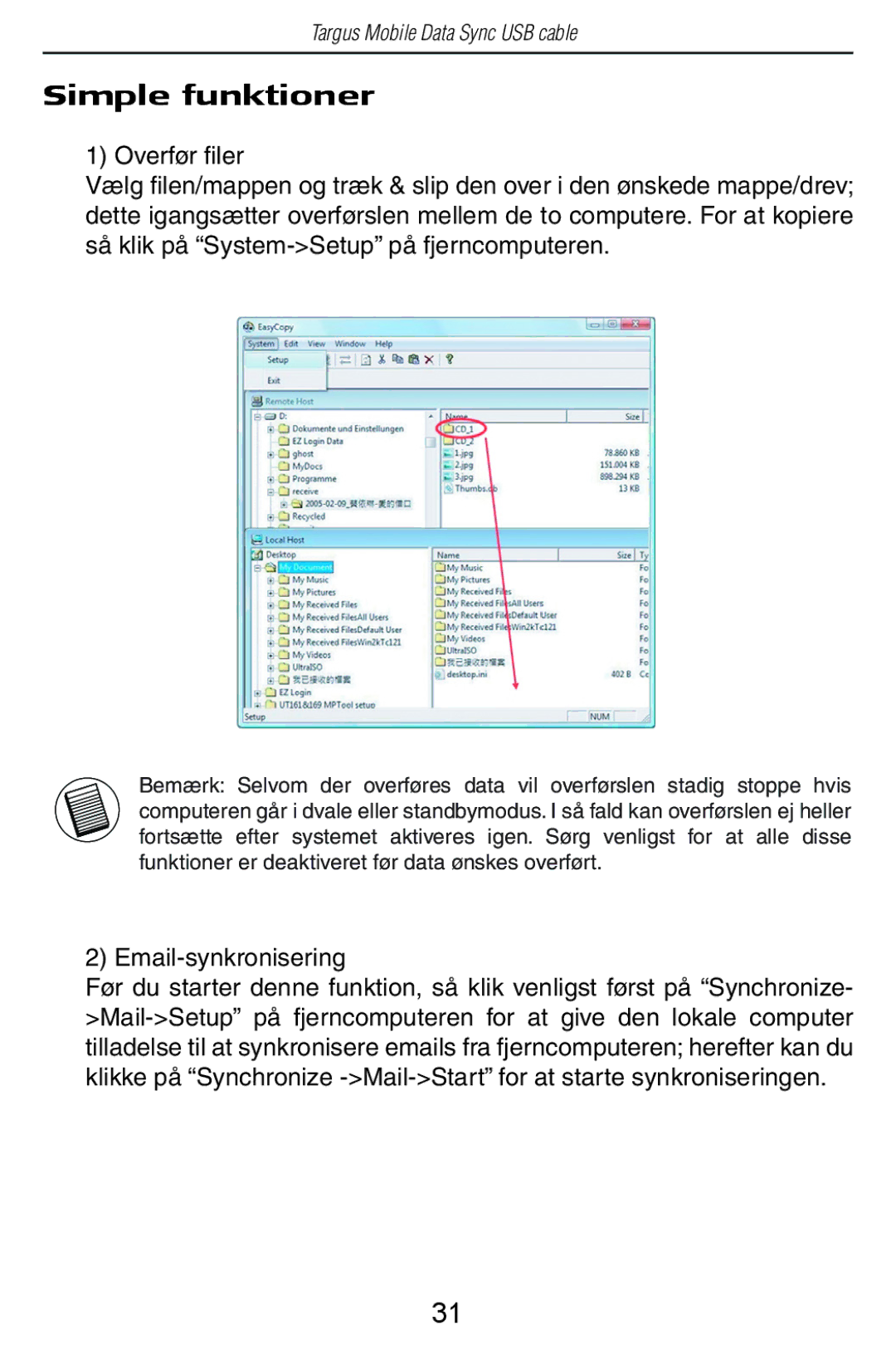 Targus USB Cable manual Simple funktioner, Email-synkronisering 