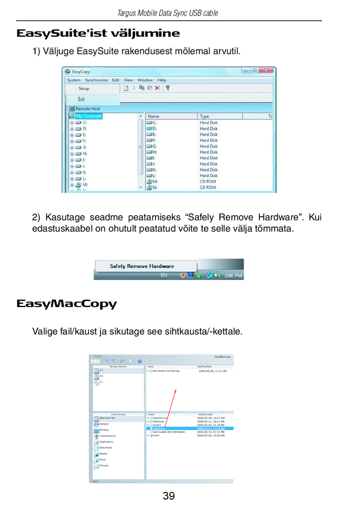 Targus USB Cable manual EasySuiteist väljumine, Valige fail/kaust ja sikutage see sihtkausta/-kettale 