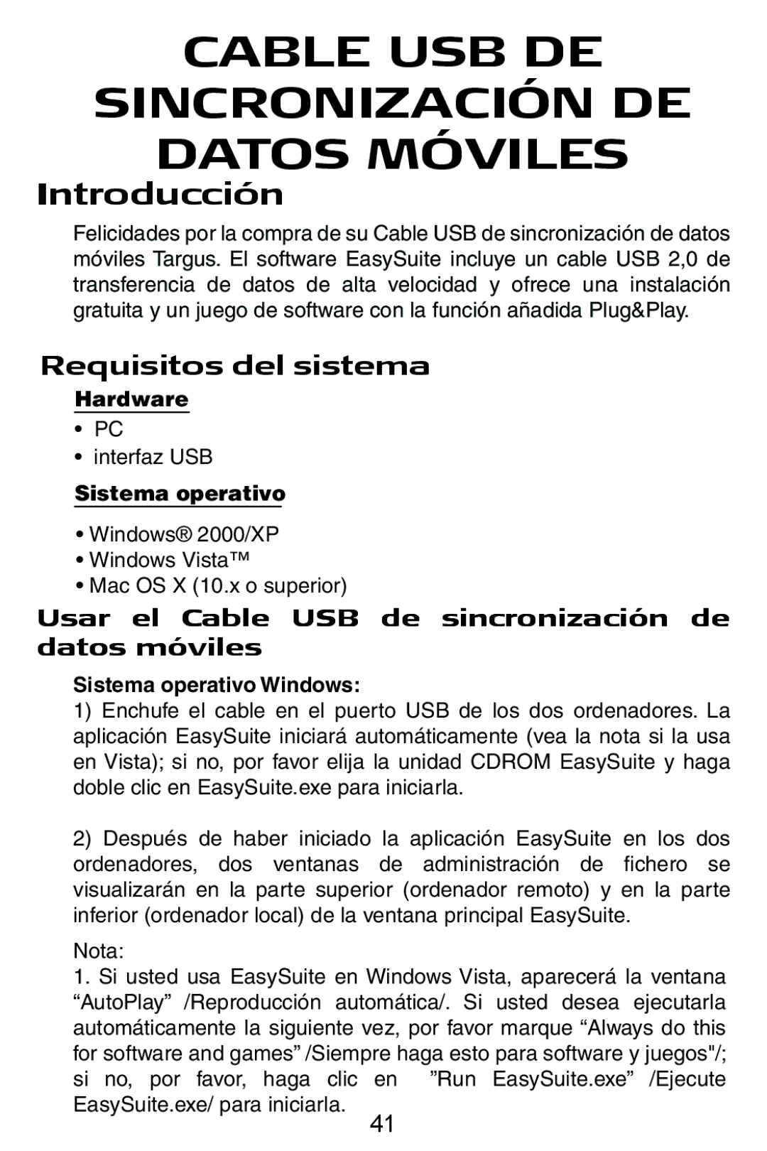 Targus USB Cable manual Cable USB DE Sincronización DE Datos Móviles, Introducción, Requisitos del sistema 