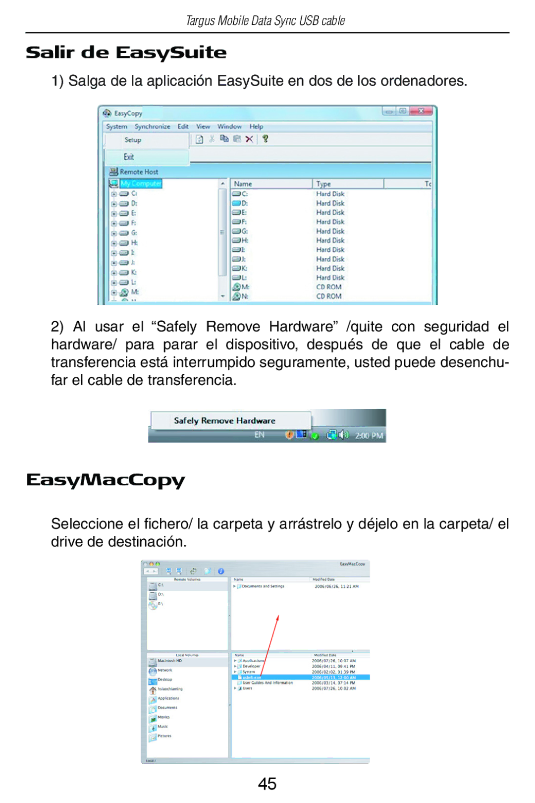 Targus USB Cable manual Salir de EasySuite, EasyMacCopy 