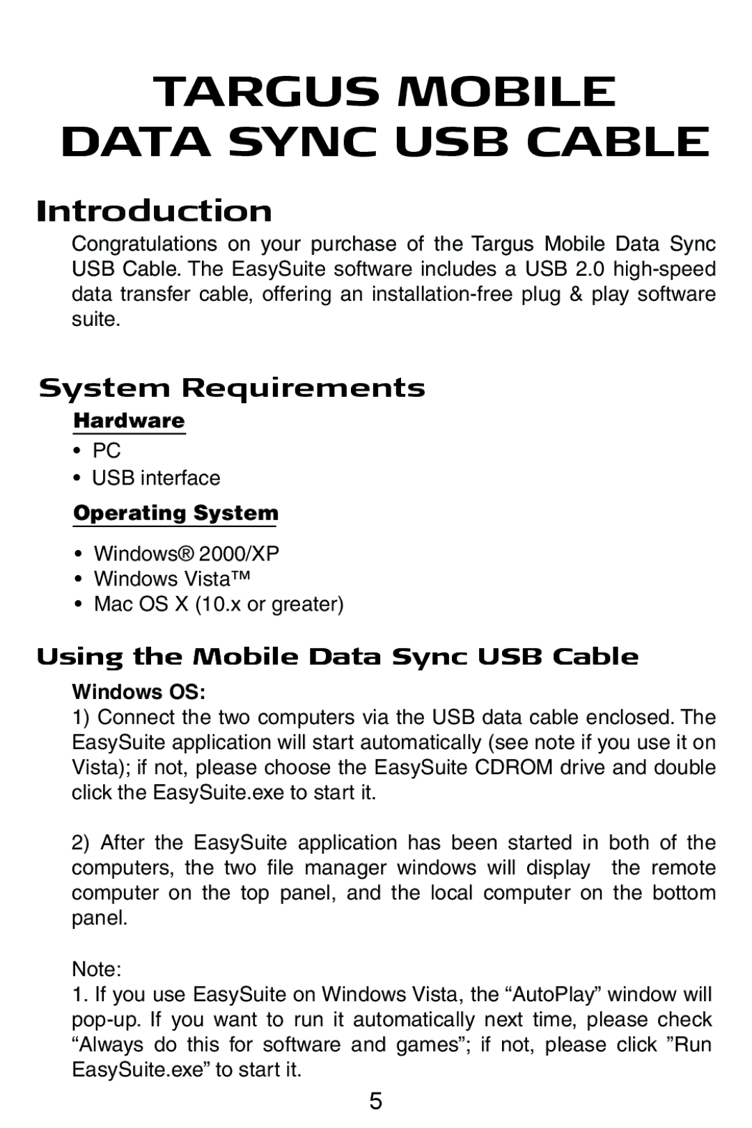 Targus manual Targus Mobile Data Sync USB Cable, Introduction, System Requirements, Using the Mobile Data Sync USB Cable 