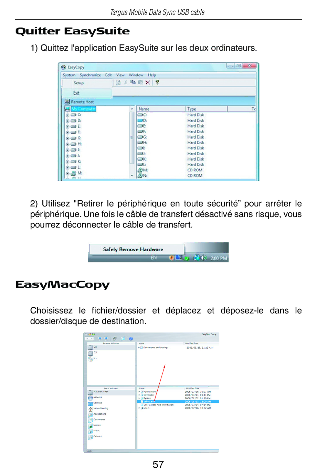 Targus USB Cable manual Quitter EasySuite, EasyMacCopy 