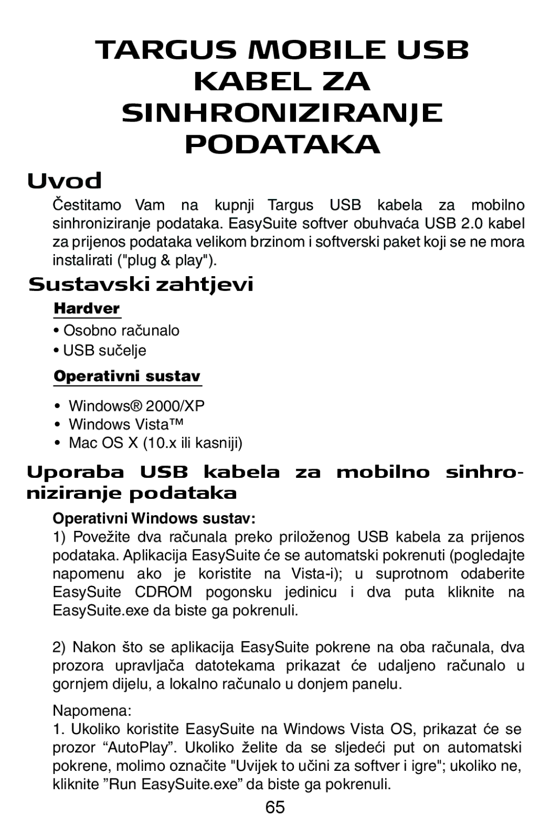 Targus USB Cable manual Uvod, Sustavski zahtjevi, Uporaba USB kabela za mobilno sinhro- niziranje podataka 