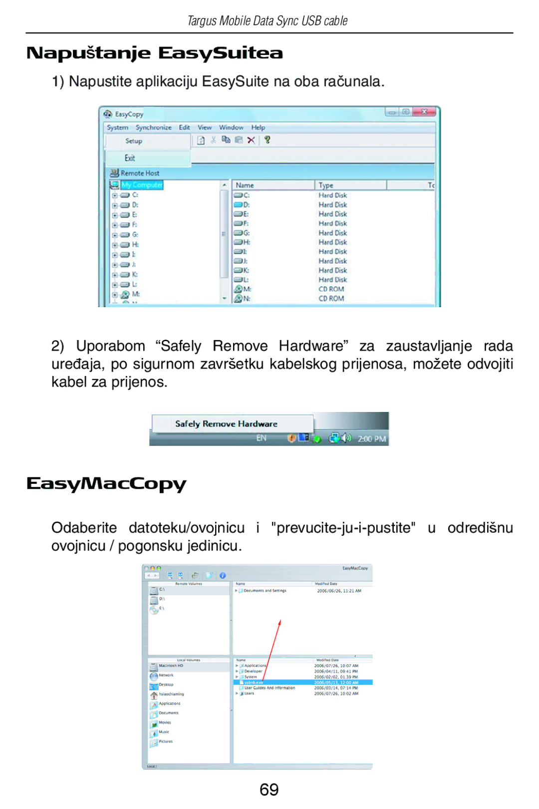 Targus USB Cable manual Napuštanje EasySuitea, EasyMacCopy 