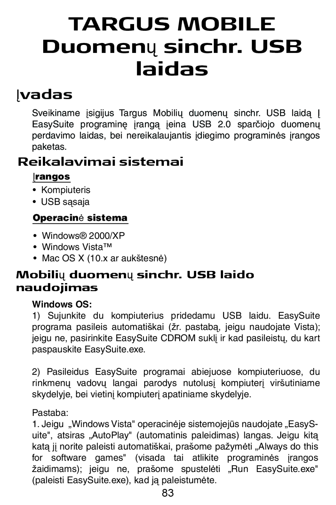 Targus USB Cable manual Targus Mobile, Ʋvadas, Reikalavimai sistemai, Mobiliǐ duomenǐ sinchr. USB laido naudojimas 