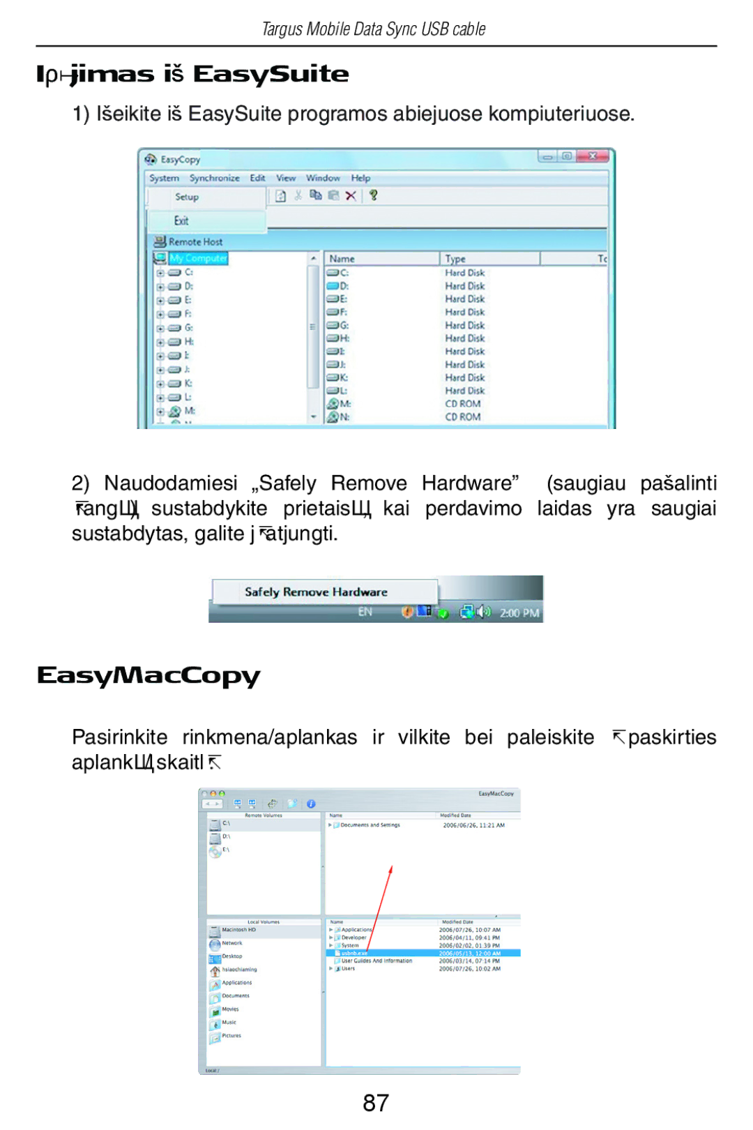 Targus USB Cable manual Iãơjimas iš EasySuite, EasyMacCopy 