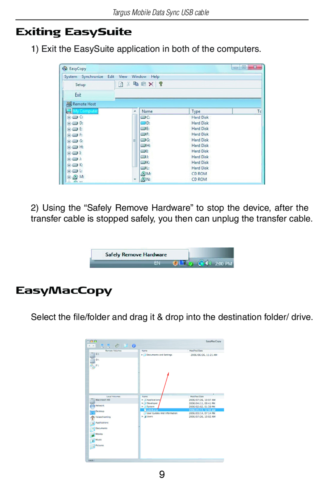 Targus USB Cable manual Exiting EasySuite, EasyMacCopy 