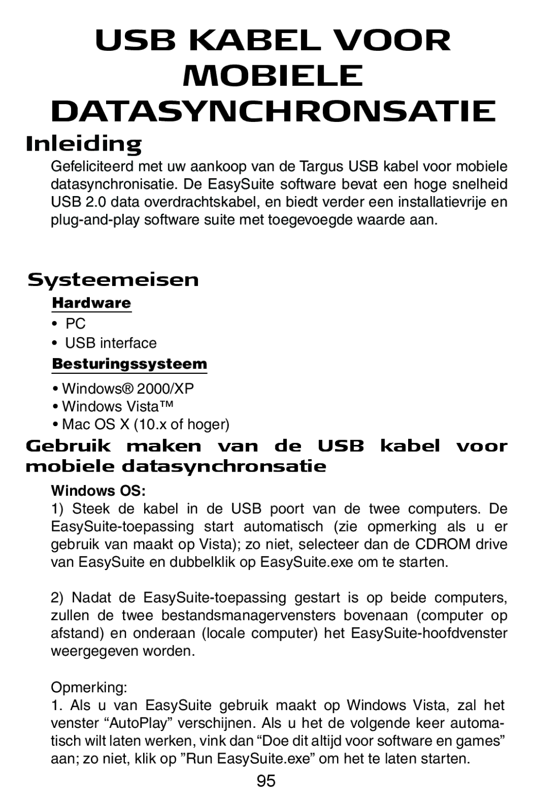 Targus USB Cable manual USB Kabel Voor Mobiele Datasynchronsatie, Inleiding, Systeemeisen, Besturingssysteem 