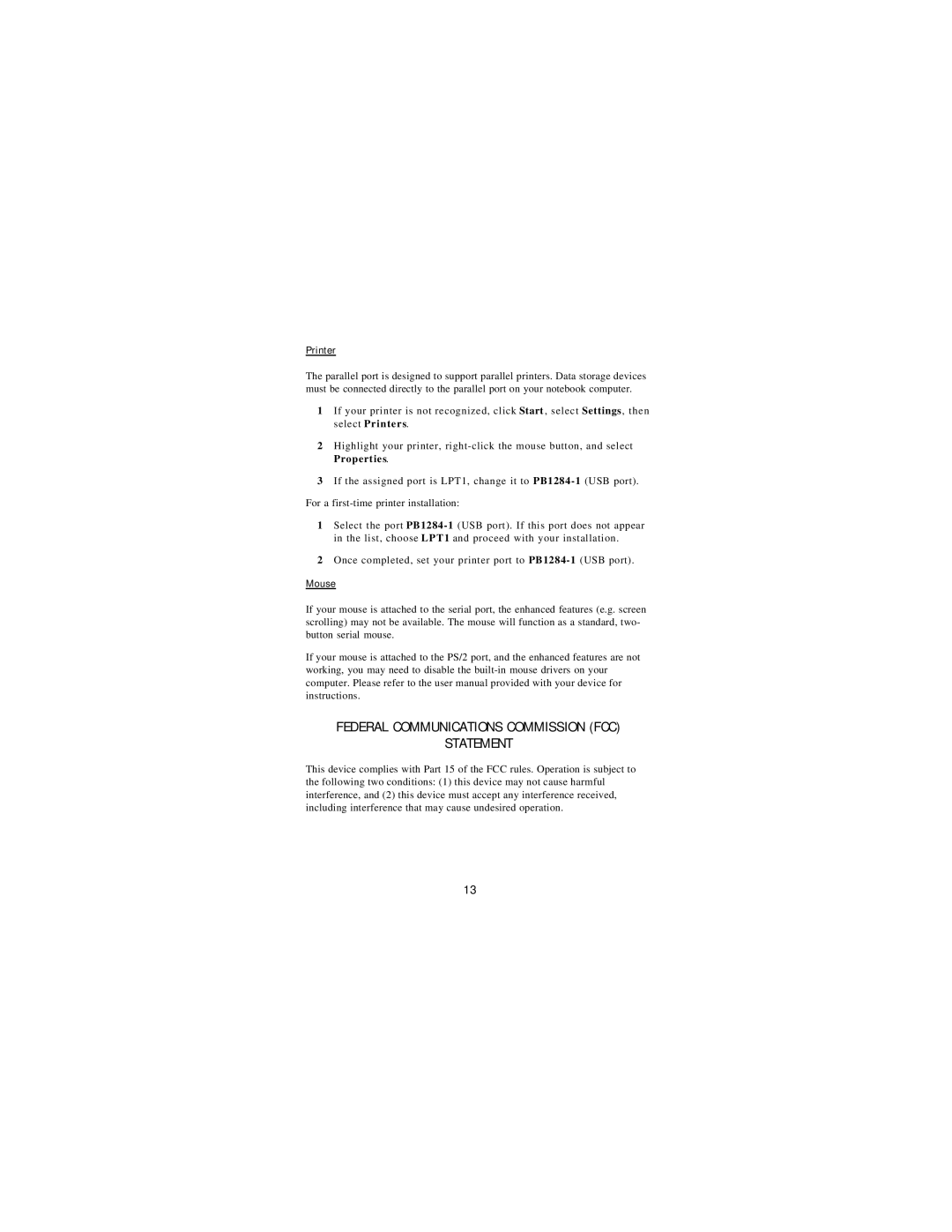Targus USB Mobile Port Replicator manual Federal Communications Commission Fcc Statement, Printer, Mouse 