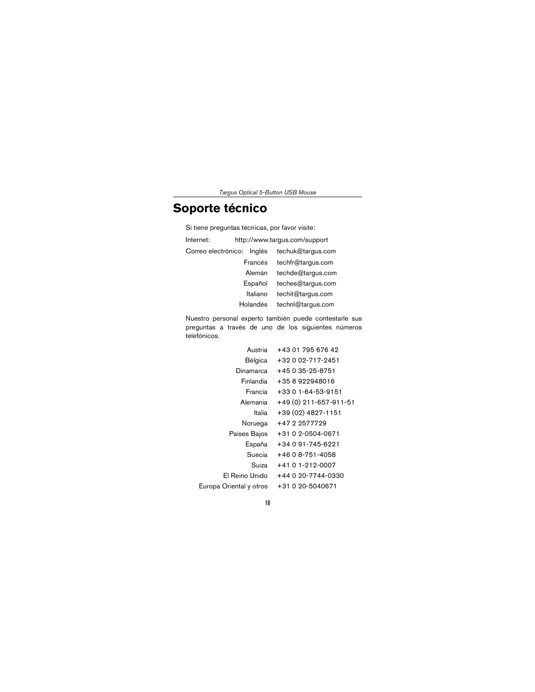 Targus USB mouse specifications Soporte técnico 