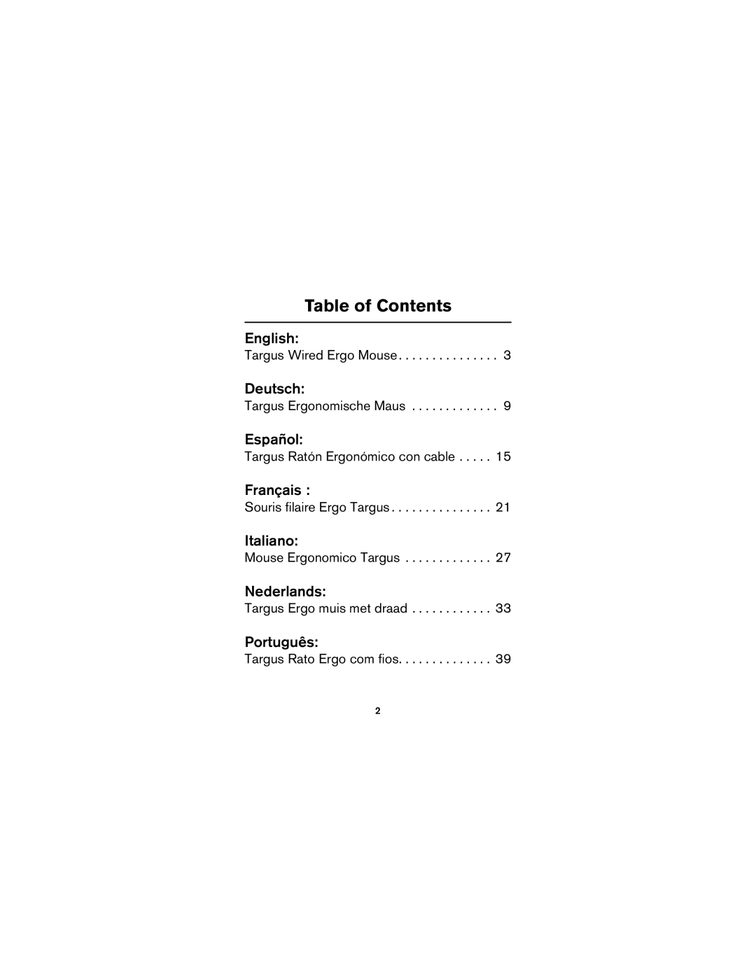 Targus USB mouse specifications Table of Contents 