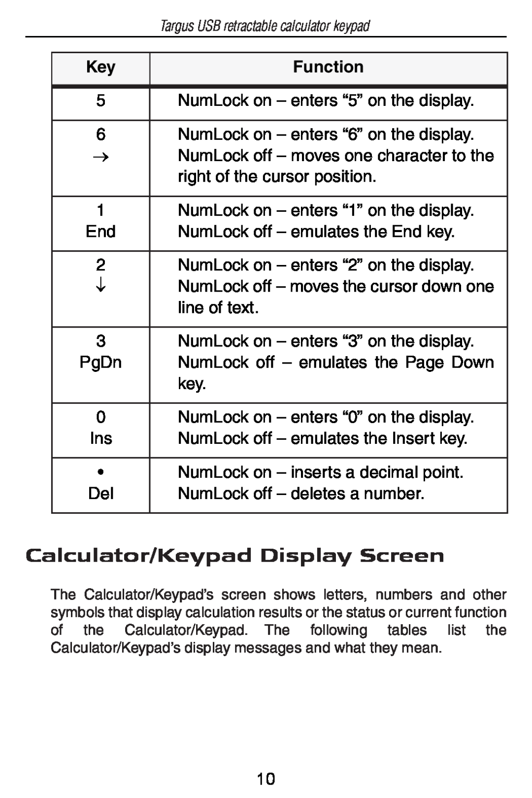 Targus USB Retractable Calculator Keypad specifications Calculator/Keypad Display Screen, Function 