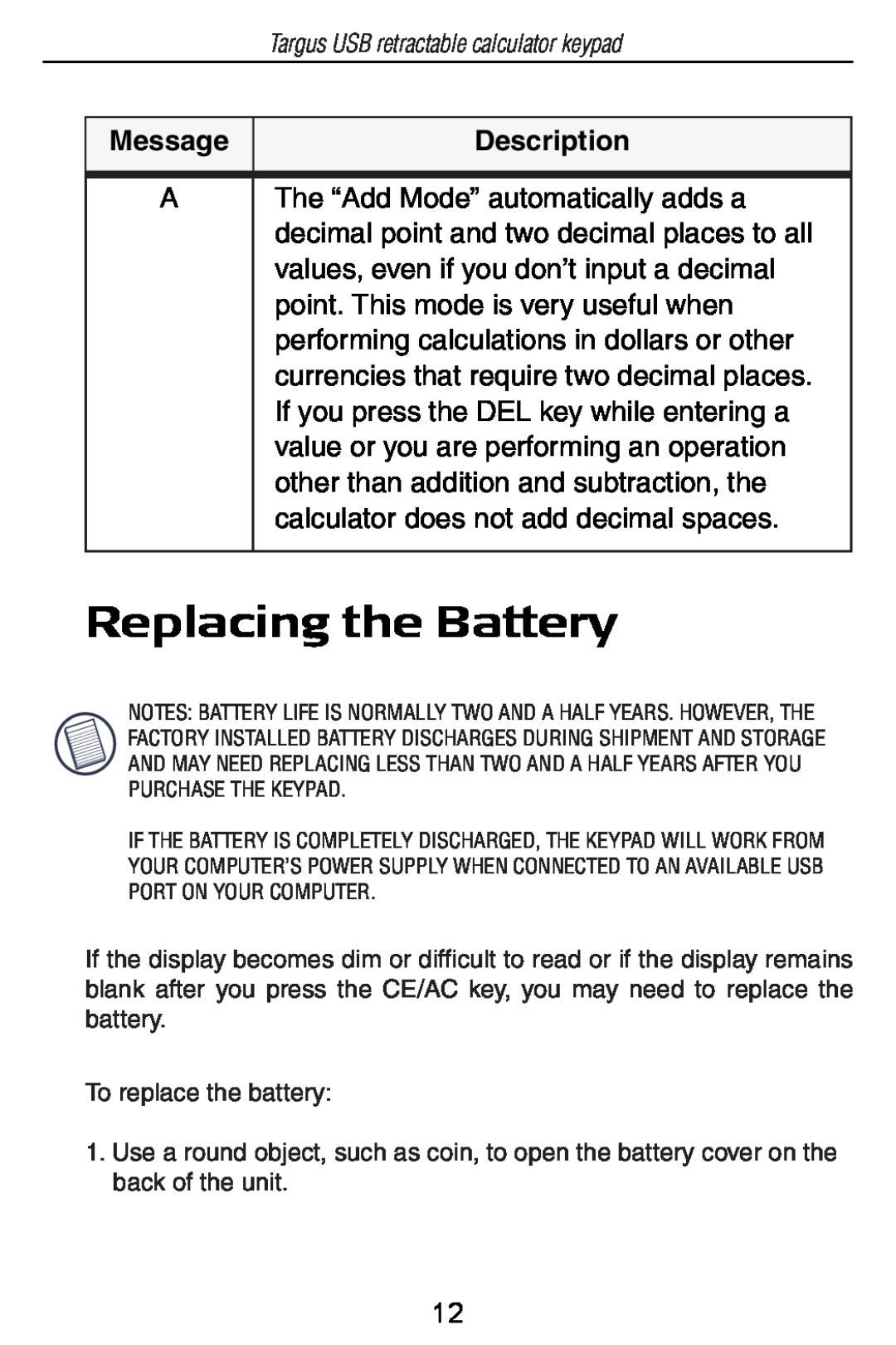 Targus USB Retractable Calculator Keypad specifications Replacing the Battery, Description 