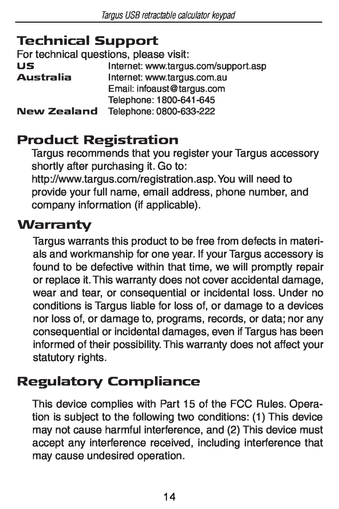 Targus USB Retractable Calculator Keypad Technical Support, Product Registration, Warranty, Regulatory Compliance 