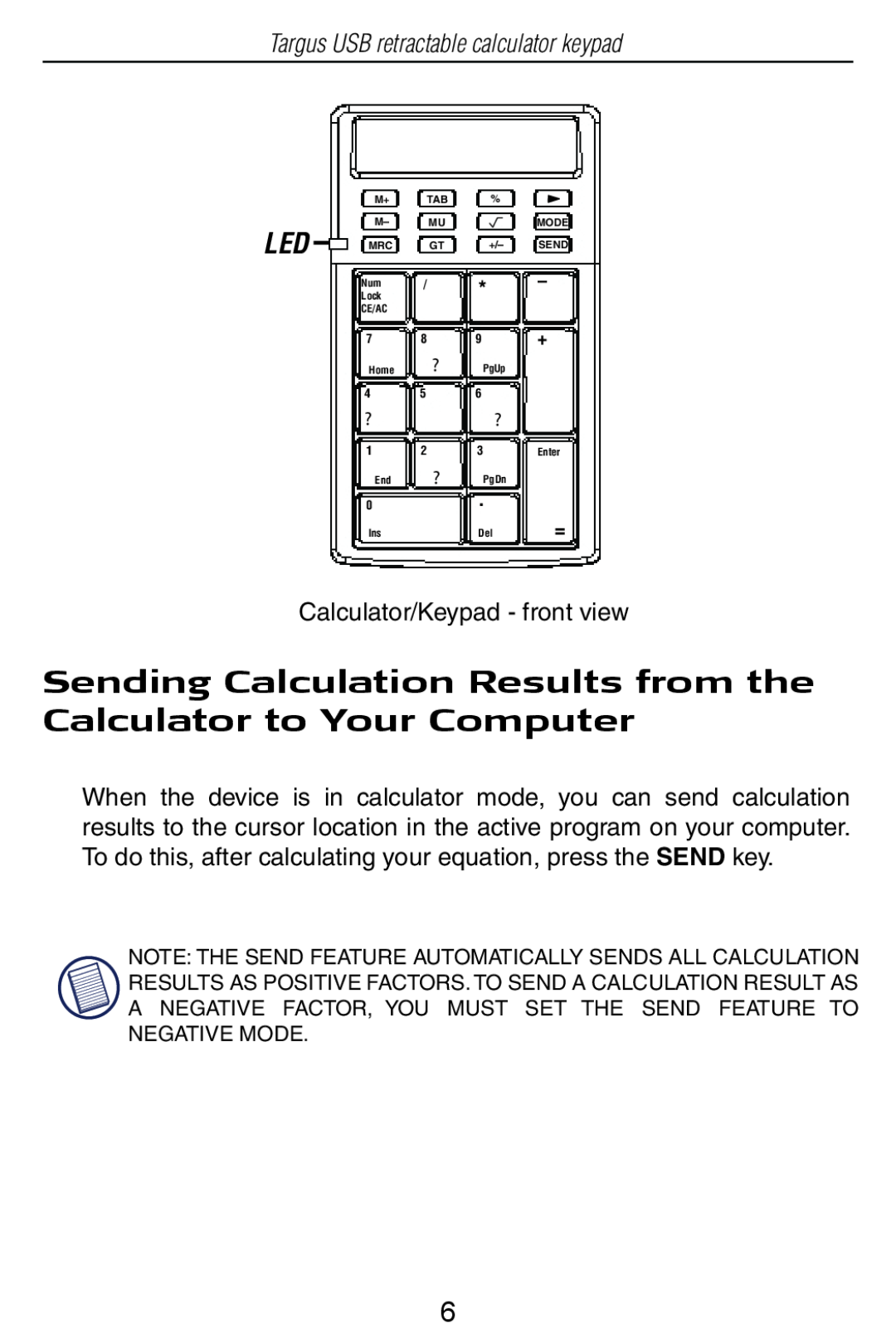 Targus USB Retractable Calculator Keypad specifications Sending Calculation Results from the Calculator to Your Computer 