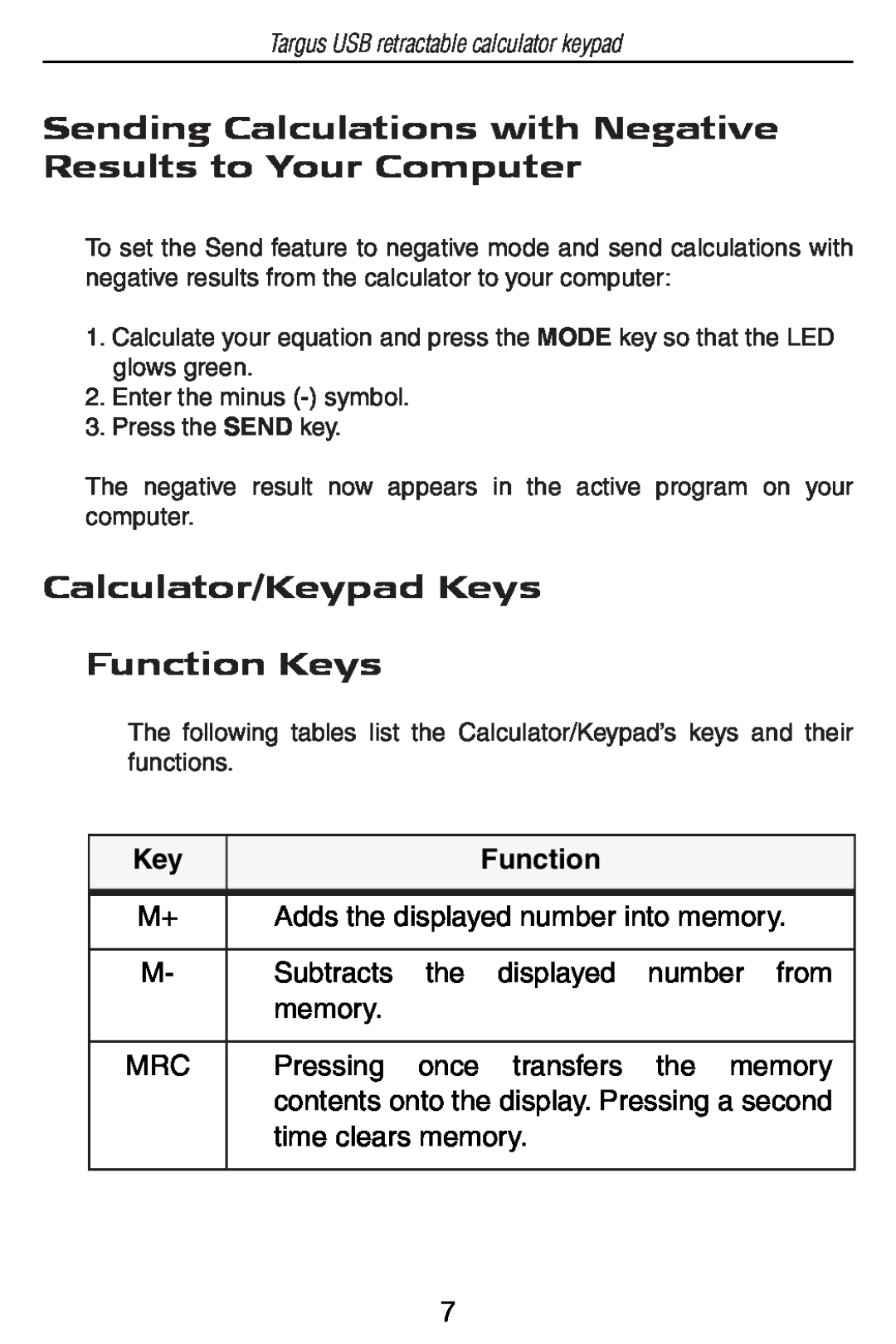 Targus USB Retractable Calculator Keypad Sending Calculations with Negative Results to Your Computer, Function 