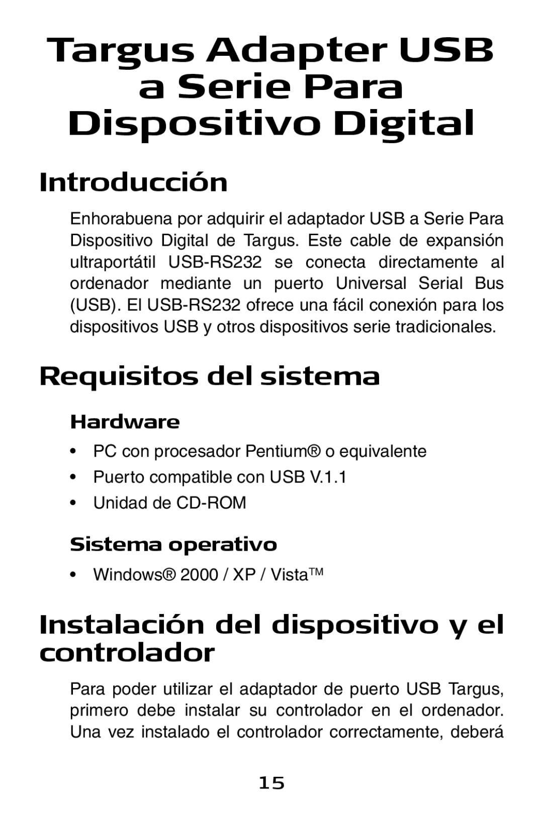 Targus USB to Serial Digital Device Adapter specifications Introducción, Requisitos del sistema 