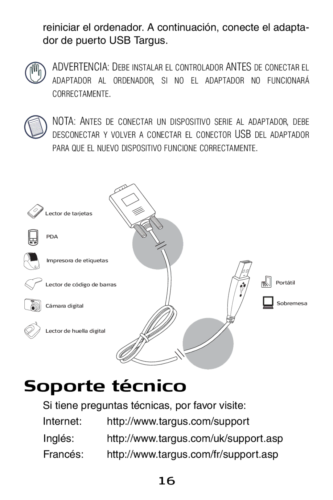 Targus USB to Serial Digital Device Adapter specifications Soporte técnico 