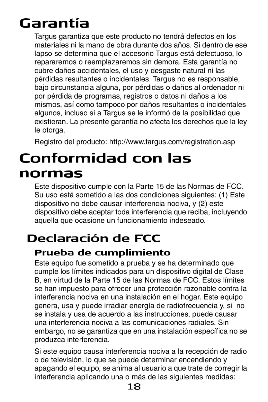 Targus USB to Serial Digital Device Adapter specifications Garantía, Conformidad con las normas, Declaración de FCC 