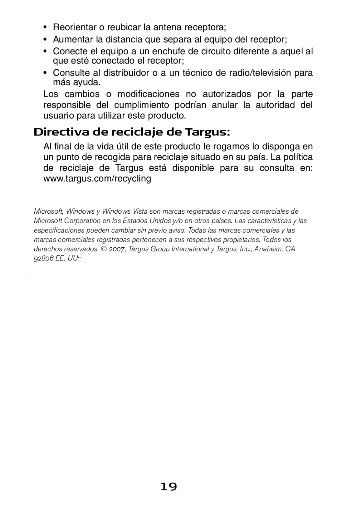 Targus USB to Serial Digital Device Adapter specifications Directiva de reciclaje de Targus 