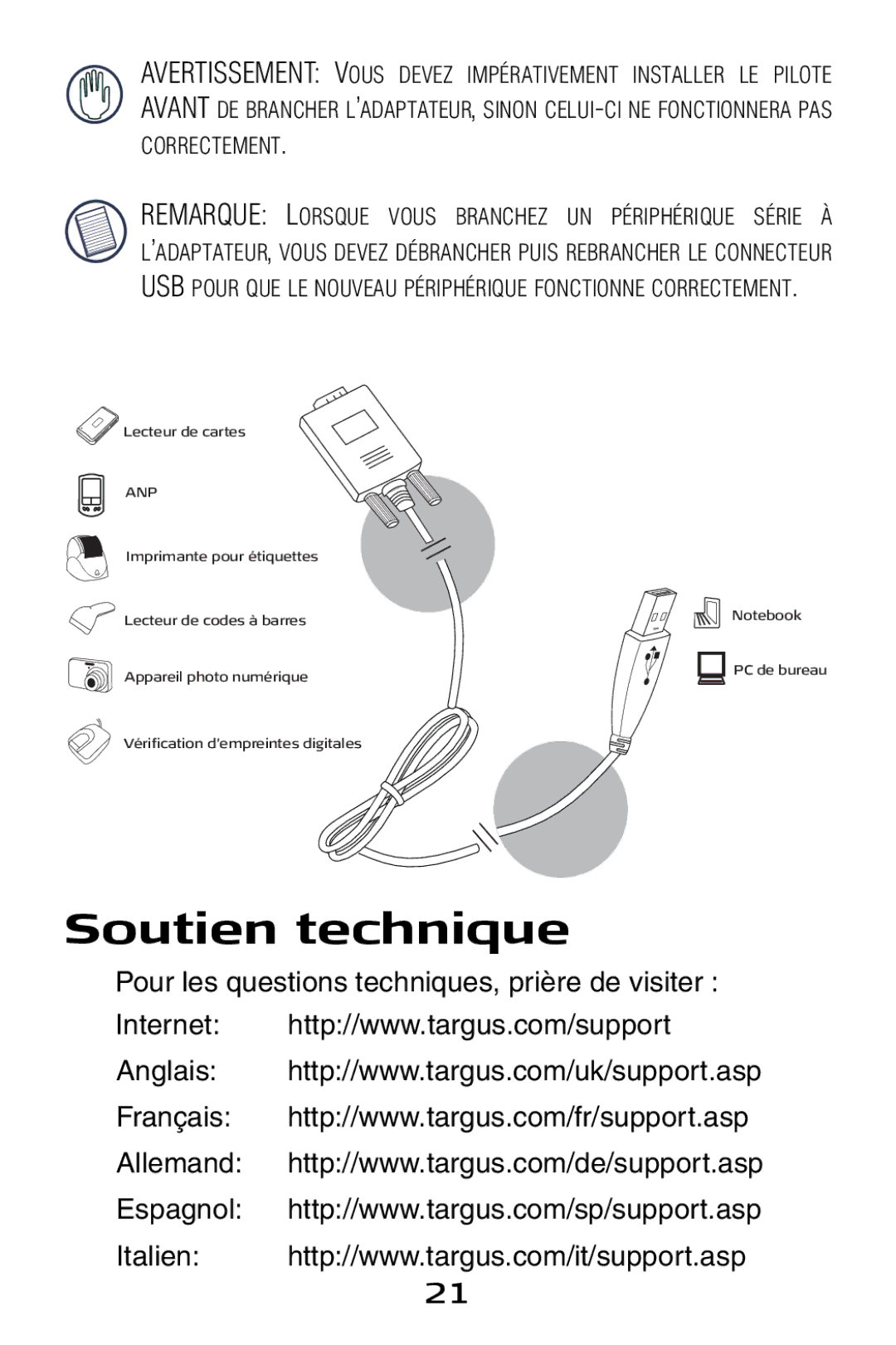 Targus USB to Serial Digital Device Adapter specifications Soutien technique, Anp 