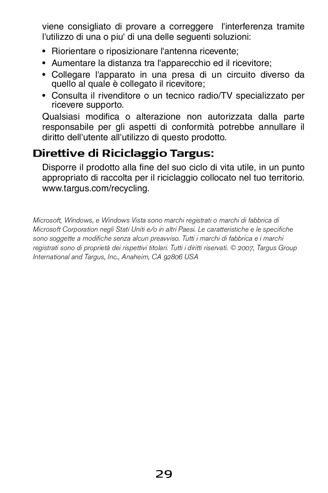 Targus USB to Serial Digital Device Adapter specifications Direttive di Riciclaggio Targus 